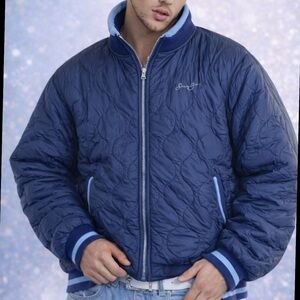 Vintage Sean John Y2K Blue Reversible Aviator Bomber Zip Puffer Jacket (L)